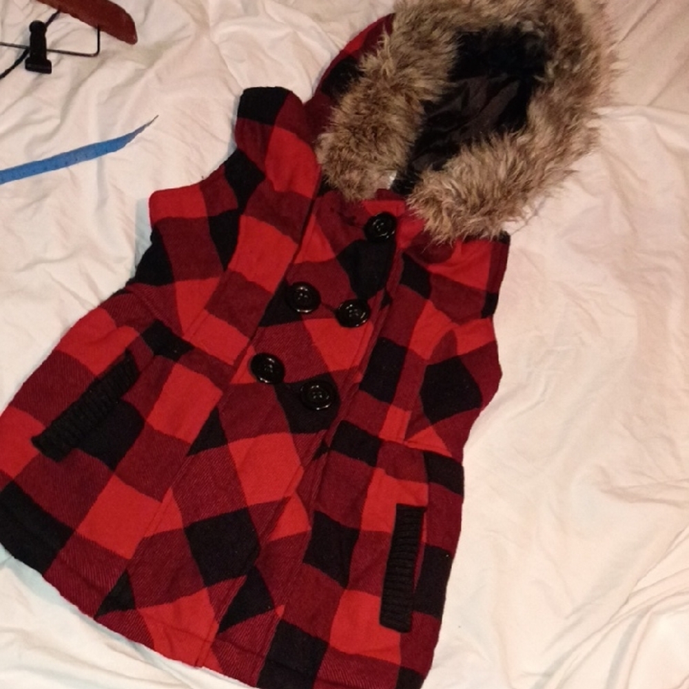 Red and Black Plaid Hooded Vest with Faux Fur Trim